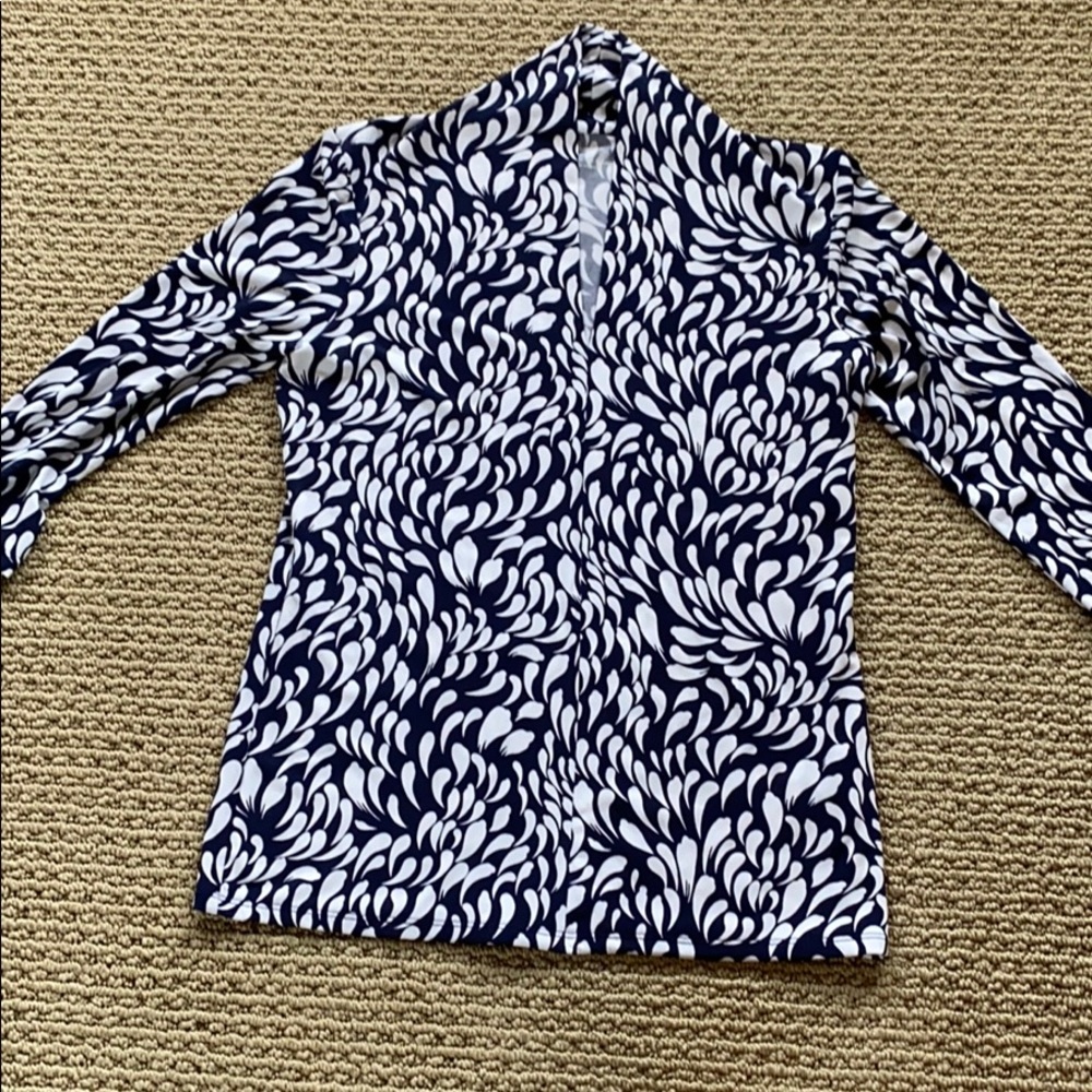 Navy and white print blouse